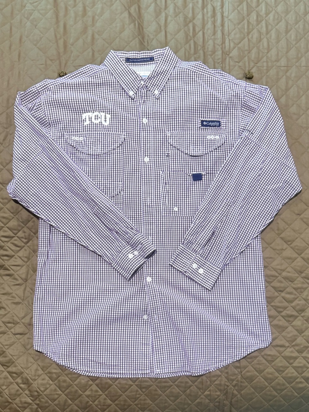 Columbia PFG Men's TCU Purple and White Check Button-Down Shirt
